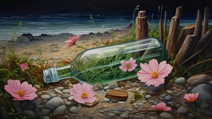 A serene setting on a rocky seashore with a clear message bottle surrounded by pink flowers and wooden posts.