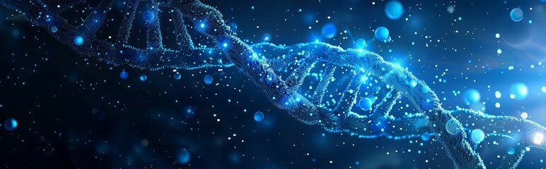 DNA strands, healthcare, artificial intelligence. DNA double helix, digital AI elements interweaving, AI and gene research