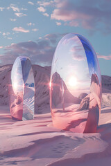 Abstract factasy and realistic mirror in desert, background, futuristic