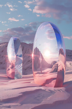 Abstract factasy and realistic mirror in desert, background, futuristic