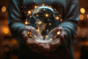 Global Connectivity at Our Fingertips Hands Holding a Transparent Globe with Superimposed Digital Nodes, Representing the Power of Network and Global Communication. - obrazy, fototapety, plakaty