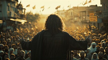 Arab man performing a speech to a crowd in street - obrazy, fototapety, plakaty