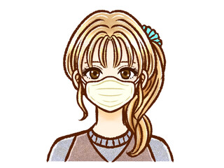 マスクをつけた金髪ポニーテールの大人女性