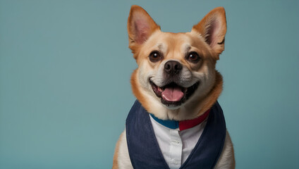 dog, in a shirt, vest on a blue background, advertising clothing for animals.