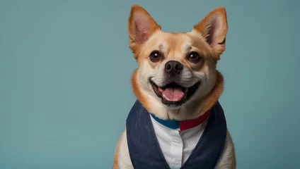 Foto op Canvas dog, in a shirt, vest on a blue background, advertising clothing for animals. © Olena Yefremkina