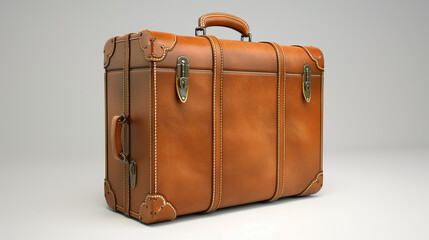 Large vintage - leather suitcase with a handle, standing on a white background