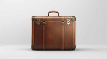 Large vintage - leather suitcase with a handle, standing on a white background