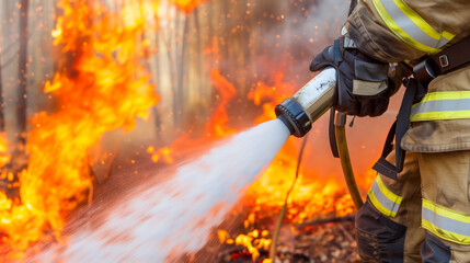 A firefighter holds a fire hose and uses a jet of water to extinguish a burning forest in close-up. Fire Department Day - obrazy, fototapety, plakaty