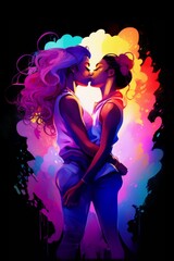 A lesbian couple embrace and kiss under the colorful rainbow smoke in background