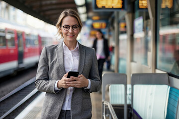 Fototapeta na wymiar Woman in Business Suit Using Cell Phone at Train Station. Generative AI