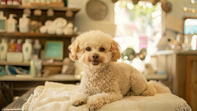 White poodle lying on a blanket in a boutique with female owner. 