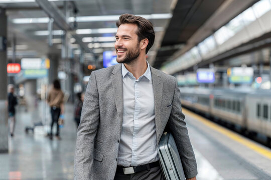 Businessman Walking in Train Station. Generative AI