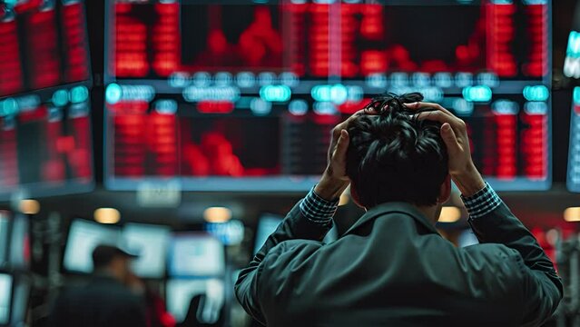 Stockbroker Male Looking at Stock Trading data on Display Board at Stock Exchange Market as Business financial investment concept. The Market trend is decrease or Down as show in red Figure. Stressed 