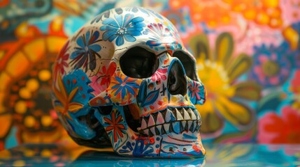 Colorful Hand-Painted Ceramic Skull With Traditional Mexican Designs Against a Floral Background