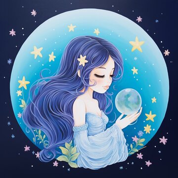 An acrylic painting of a prophet girl holding a magical globe, delicate flowers blooming around her as she gazes dreamily at a cosmo-filled moonlit sky