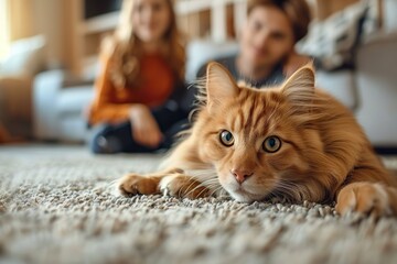 Charming Domestic Cat Lounging on the Floor, Stealing the Spotlight from a Blissful Family of Four...