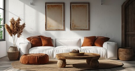 A Rustic Coffee Table Complements a White Sofa with Brown Pillows in a Modern Living Room with Boho-Ethnic Flair