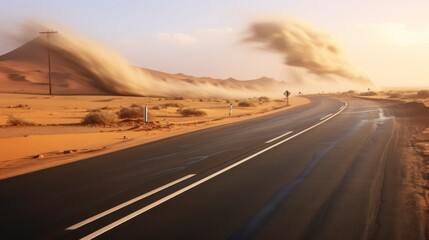 Fototapeta na wymiar Intense Sandstorm Along the Isolated Desert Road