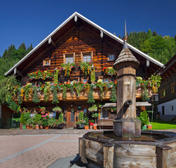 altes Bauernhaus, blühende Blumen, Brunnen, Dienten am Hochkönig, Salzburg, Österreich