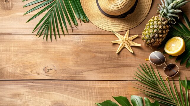 straw hat, sunglasses pineapple and palm tree leaves, on wooden table, wood texture background