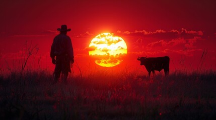 Cowboy Silhouette Against a Vivid Sunset With Cattle on a Western Ranch - obrazy, fototapety, plakaty