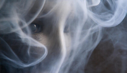 Naklejka premium Close-up of scary ghostly face formed from swirling smoke. Mystery phantom visage.