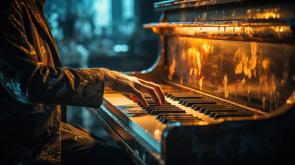 generated illustration of closeup of hands of playing the piano - obrazy, fototapety, plakaty