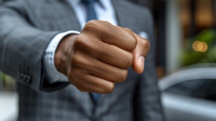 Obraz premium Businessman Showing Fist in a Gesture of Determination Against Urban Background