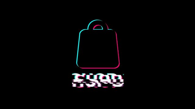 Tiktok Shop -  social media with glitch and retro effect applied. E-commerce app for shopping and selling. Alpha channel footage