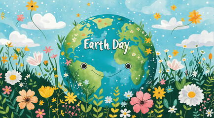 Earth Day in April concept. Illustration of smiling and happy planet between spring blooming colourful flowers
