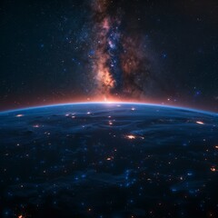 Planet Earth background gradient with blue glowing light and Milky Way
