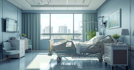 Silence and Service - Inside a Hospital Room with an Empty Bed, Surrounded by the Tools of Healing and Care
