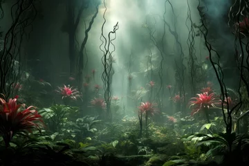 Foto auf Acrylglas Mysterious Smoke magic forest. Fantasy outdoor scary. Generate Ai © juliars