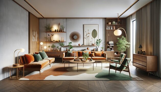 Mid-Century Modern style living room interior with no people, showcasing an airy and open design that captures the essence of the era.