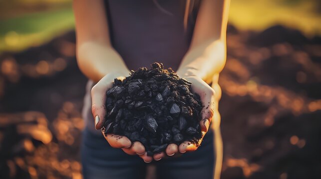 Hands holding up Biochar Charcoal, Pyrolysis and Carbon Capture Digital Concept Render