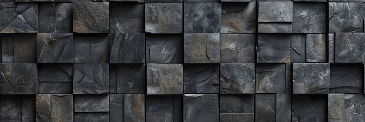 Black anthracite dark 3d stone concrete cement tiles texture with square cubes mosaic tile background