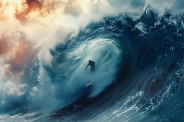 A man skillfully rides a towering wave as it crashes in the vast expanse of the ocean, A powerful wave crashing down on a surfer mid-ride, AI Generated