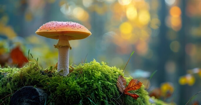 The Subtle Allure of Brown Cap Mushrooms Thriving Among Green Moss in an Autumnal Forest