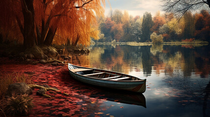 A traditional wooden rowboat on a calm pond in a secluded park, with autumn leaves floating on the water and trees reflecting their colors. - obrazy, fototapety, plakaty