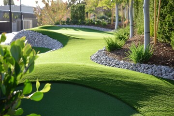 A golf course featuring artificial grass and rock formations, providing a unique and challenging...