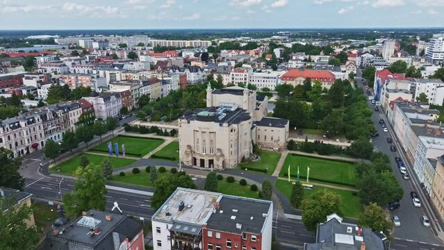 Aerial drone view of Cottbus State Theatre ( Staatstheater ) in Cottbus , Germany