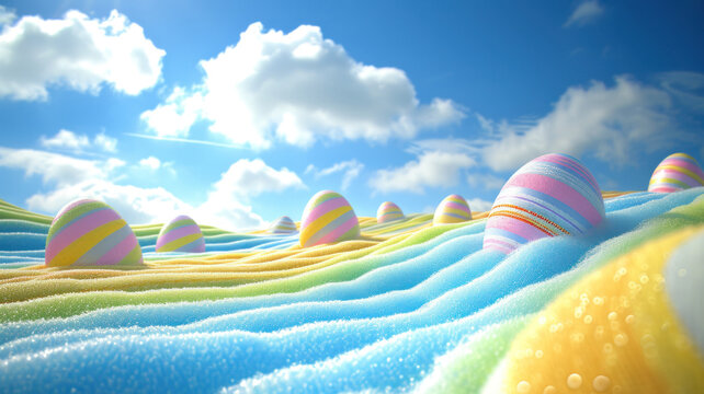 Abstract huge Easter eggs on cotton rainbow fields.