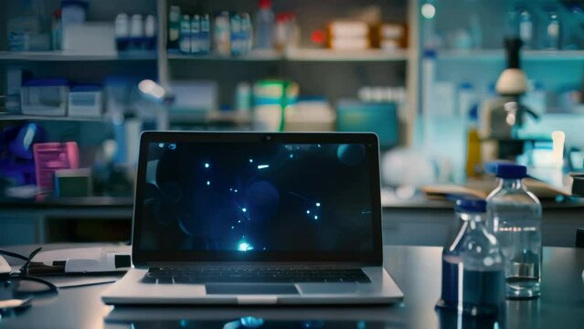 Laptop screen displaying molecular structure in a scientific research lab