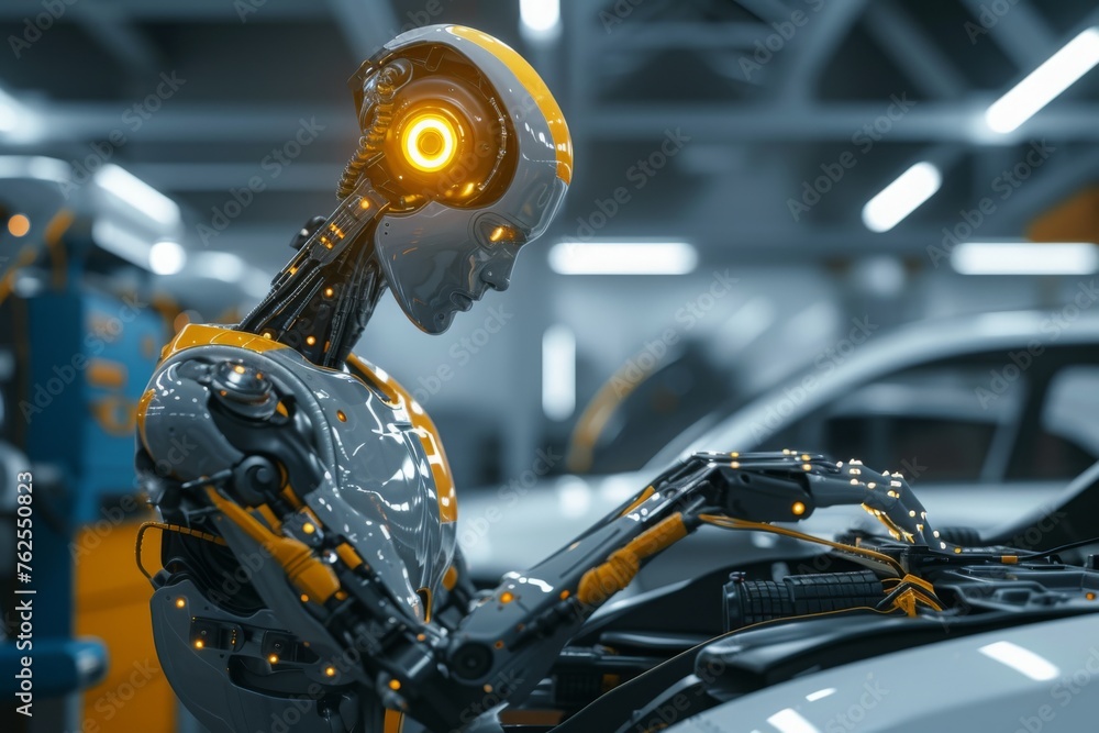 Poster a robot in a seated position positioned in front of a car in an outdoor setting, a robot mechanic ef