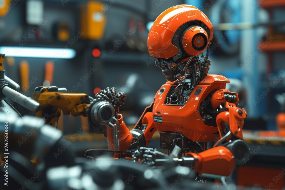 Aufkleber a robot can be seen hard at work as it operates a machine in a bustling factory, a robot mechanic ef