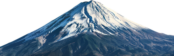 Snow-capped mountain peak at sunrise, Mount Fuji, cut out transparent