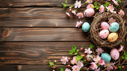 Fototapeta na wymiar Speckled Easter eggs in a nest on a shabby wooden background with copy space.