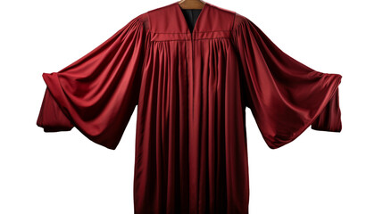 A mannequin displays a vibrant red graduation gown in a display of celebration and achievement