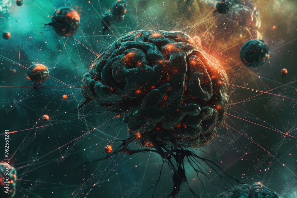 Poster this computer-generated image showcases a brain enveloped by twinkling stars, a rogue ai's neural ne