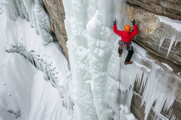 A man making his way up the snowy slope of a mountain, A rock climber battling against harsh winter conditions, climbing an icy sheer cliff, AI Generated